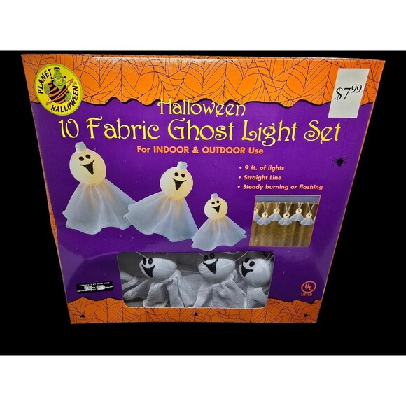 Planet Halloween Fabric Ghost Lights Indoor Outdoor Straight String Set Of 10 NB - Picture 1 of 10